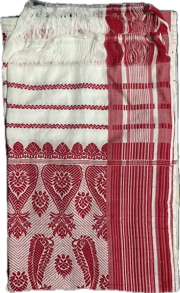 Traditional Assamese occasion handloom Gamusa- with traditional floral motif