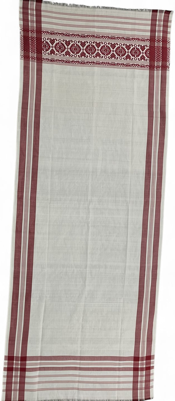 Pride of Assam white and red handloom gamusa made of pokua fabric with floral motif on one side.