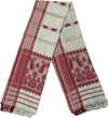 Pride of Assam traditional white handloom gamusa with red floral motifs and golden threads. Masries fabric, suitable for occasions.