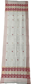 Pride of Assam white jute gamcha with golden and red woven borders and small motifs. Handwoven in Assam, India.