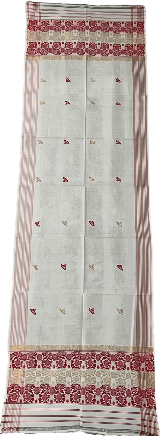 Pride of Assam white jute gamcha with golden and red woven borders and small motifs. Handwoven in Assam, India.