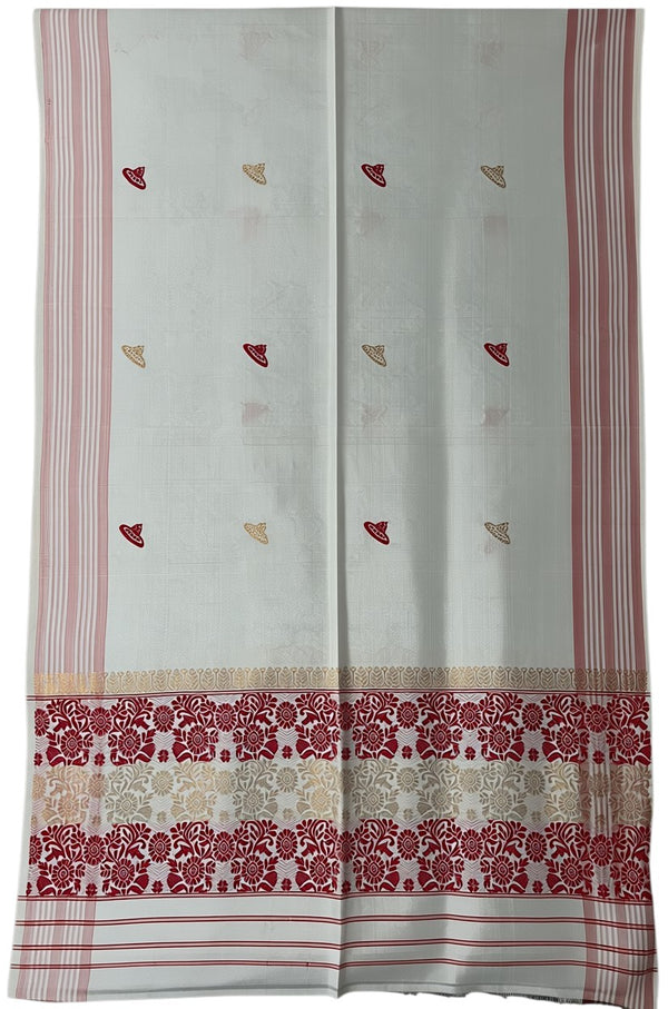 Pride of Assam white jute gamucha with red and gold floral border and motifs. Handwoven Assam textile for face, hair, or wear.