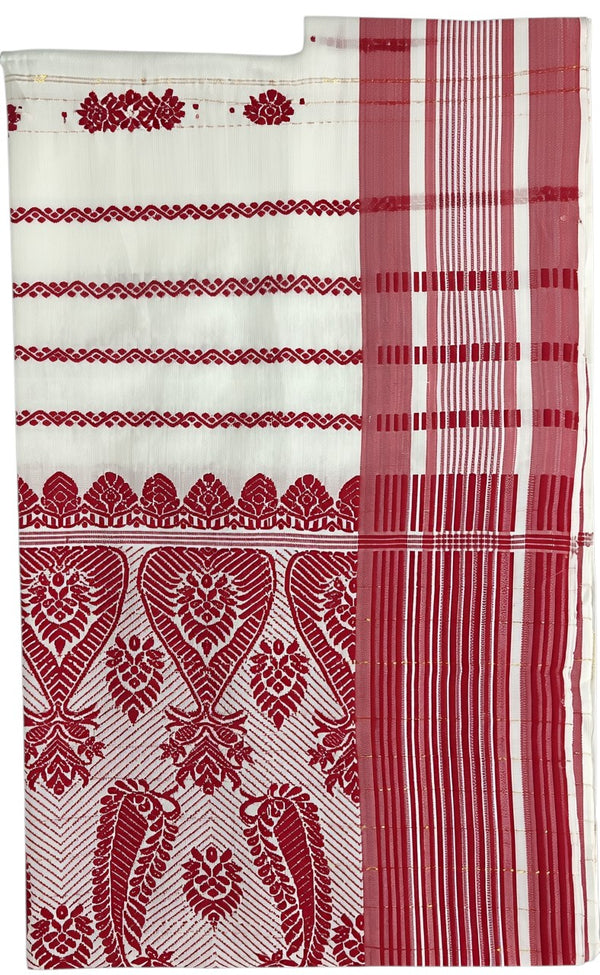 Pride of Assam white handloom gamusa with red floral motifs and golden threads. Traditional Assamese textile for occasions.