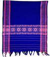 Pride of Assam blue handloom cotton gamusa with pink floral motifs and striped borders. Versatile for hand, face, or hair.