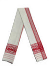 Pride of Assam white 100% cotton handloom Gamusa with red floral and rhino motifs on the border. Measures 158x63cm.