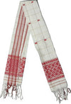 Pride of Assam traditional white handloom Gamusa with red and gold striped border and intricate red motifs. Versatile for face, hair, or as a welcome gift.