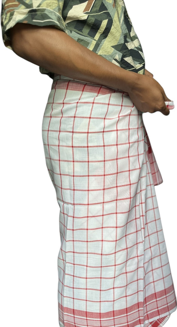 Pride of Assam white and red checkered 100% cotton gamusa, handwoven with angled lines. Versatile for wear, hair, or body.