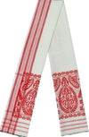 Pride of Assam white 100% cotton handloom gamusa with red stripes and intricate jaapi motif embroidery. Versatile for welcoming guests, face, hair, or hands.