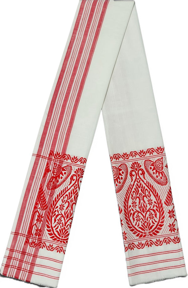 Pride of Assam white 100% cotton handloom gamusa with red stripes and intricate jaapi motif embroidery. Versatile for welcoming guests, face, hair, or hands.