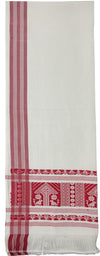 Pride of Assam white handloom gamusa with red stripes and floral motifs, made of Masries fabric.