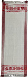 Pride of Assam white handloom gamusa with red stripes and floral motifs. Made of Masries fabric.
