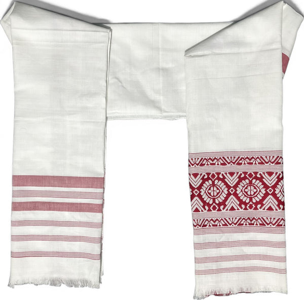 Pride of Assam white handloom gamusa made of Pokua fabric with red floral motifs and striped borders. Ideal for bath, face, hand, or welcoming guests.