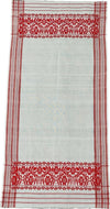 Pride of Assam.shop handloom pure cotton gamusa with red floral border and striped edges. Versatile for hand, hair, face, and body.