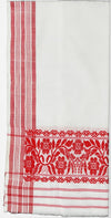 Pride of Assam.shop white pure cotton handloom gamusa with red floral border and striped ends.
