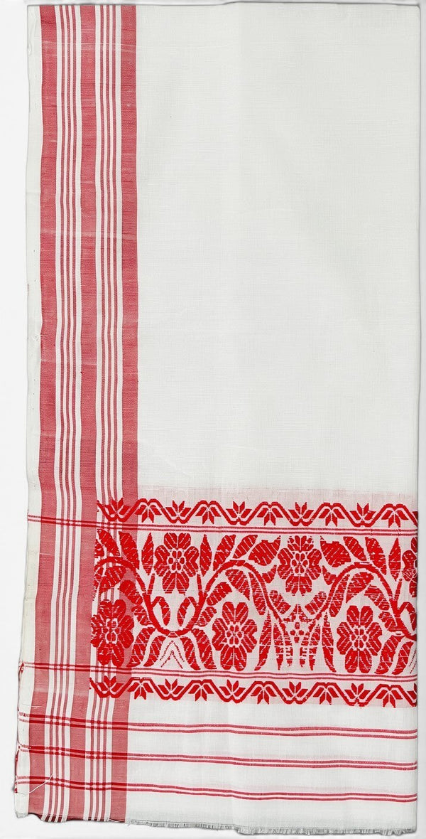 Pride of Assam.shop white pure cotton handloom gamusa with red floral border and striped ends.