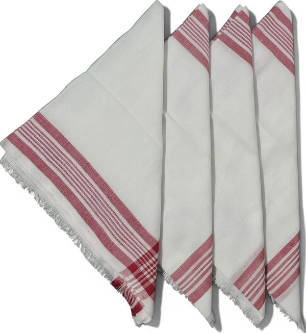 Pride of Assam.shop pack of 4 white 100% cotton handloom rumals with red striped borders and frayed edges.