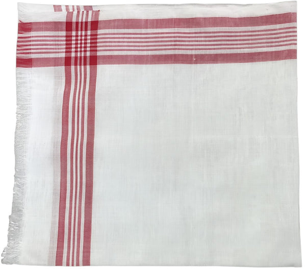 Pride of Assam white handloom cotton rumal with red stripes and fringe detail. Pack of 4.