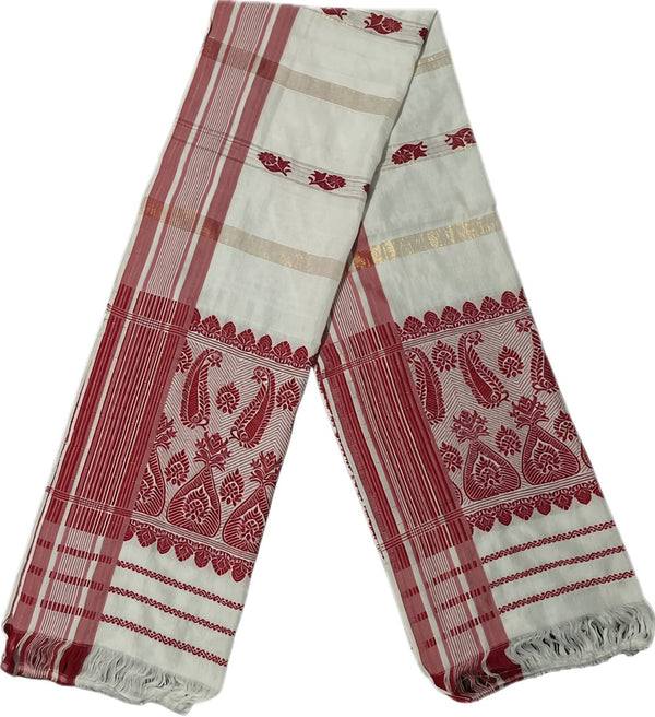 Pride of Assam traditional white handloom gamusa with red floral motifs and golden threads. Masries fabric, suitable for occasions.