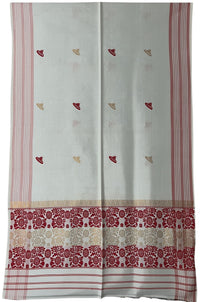 Pride of Assam white jute gamucha with red and gold floral border and motifs. Handwoven Assam textile for face, hair, or wear.