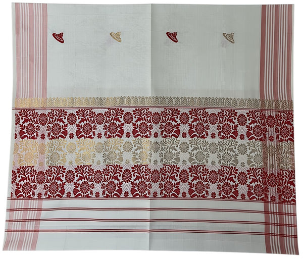 Pride of Assam white jute gamucha with red and gold floral motifs and striped borders. Handwoven, suitable for face, hair, hand, wear, and special occasions.