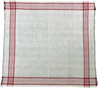 Pride of Assam white and red striped pure cotton handloom rumal, 44x44cm, with fringed edges.