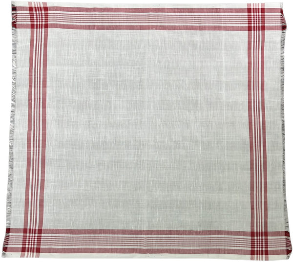 Pride of Assam white and red striped pure cotton handloom rumal, 44x44cm, with fringed edges.