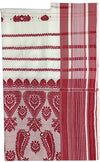 Pride of Assam white handloom gamusa with red floral motifs and golden threads. Traditional Assamese textile for occasions.