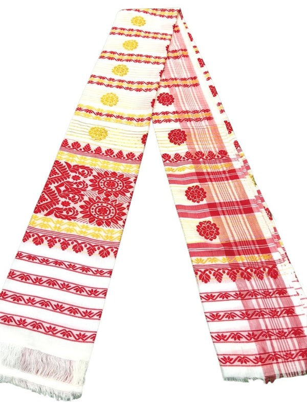 Pride of Assam traditional Assamese handloom gamusa in white with golden and red motifs. Masries fabric, suitable for various occasions.