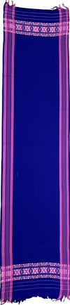 Pride of Assam handloom blue cotton gamusa with pink floral motifs on ends and striped borders.