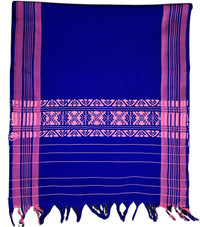 Pride of Assam blue handloom cotton gamusa with pink floral motifs and striped borders. Versatile for hand, face, or hair.