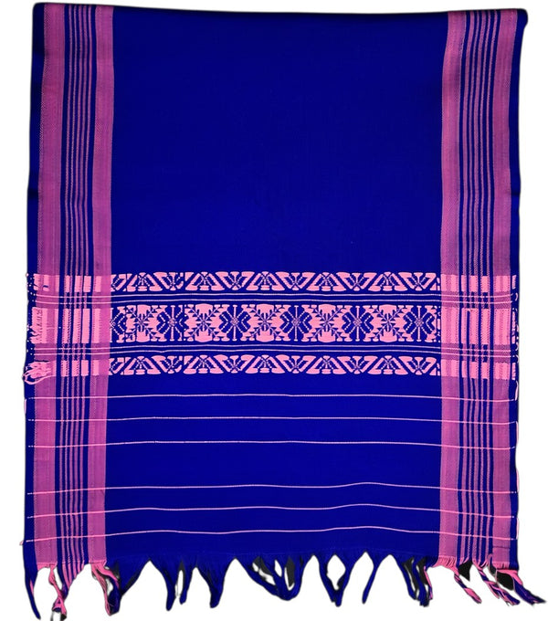 Pride of Assam blue handloom cotton gamusa with pink floral motifs and striped borders. Versatile for hand, face, or hair.