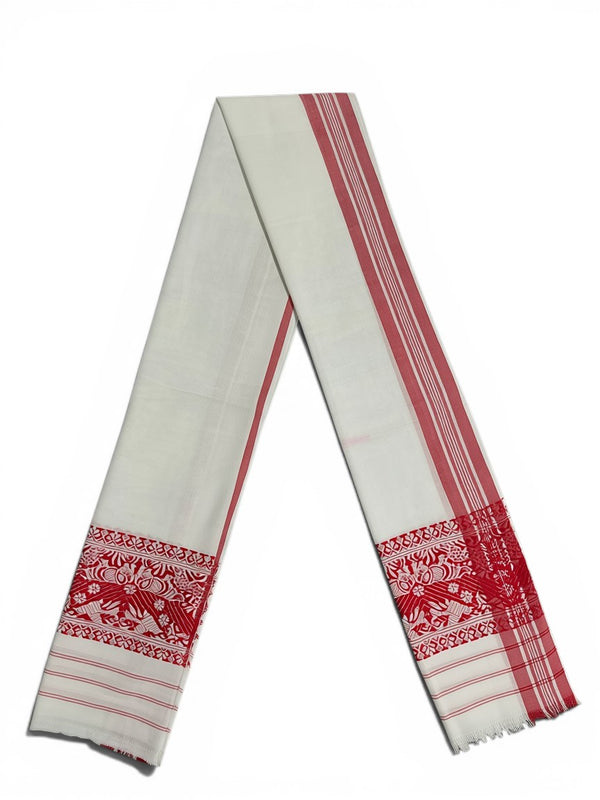Pride of Assam white 100% cotton handloom Gamusa with red floral and rhino motifs on the border. Measures 158x63cm.