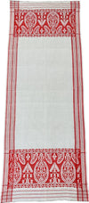 Pride of Assam white 100% cotton handloom gamusa with red jaapi motif borders and striped edges.