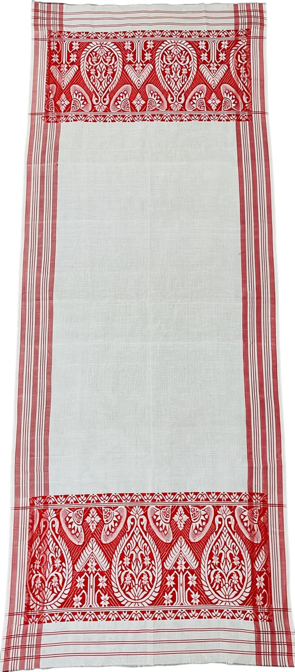 Pride of Assam white 100% cotton handloom gamusa with red jaapi motif borders and striped edges.