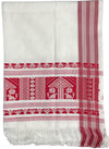 Pride of Assam white handloom gamusa with red floral motifs and bird designs. Made of Masries fabric.