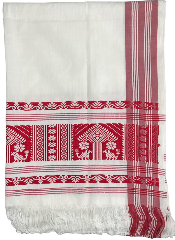 Pride of Assam white handloom gamusa with red floral motifs and bird designs. Made of Masries fabric.