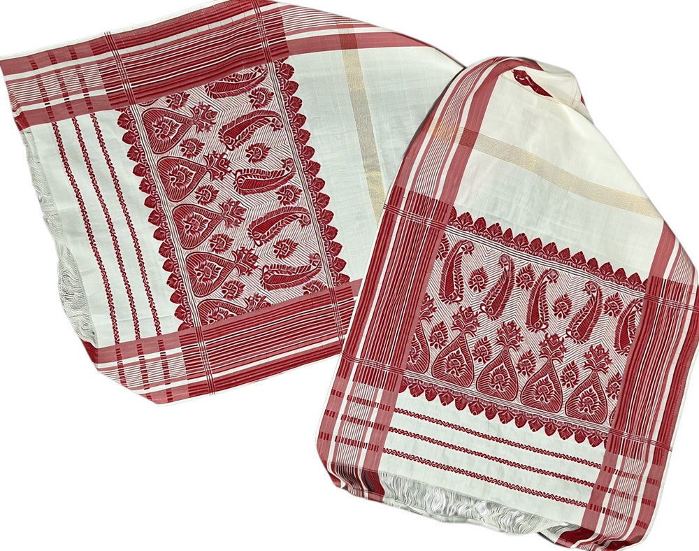 Pride of Assam traditional white handloom gamusa with red floral paisley motifs and golden threads. Woven Masries fabric.