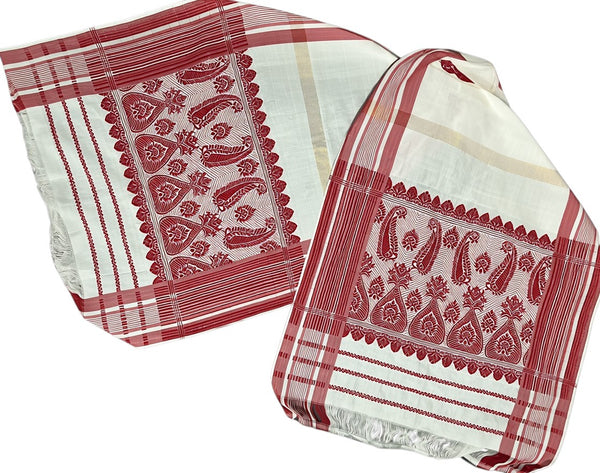 Pride of Assam traditional white handloom gamusa with red floral paisley motifs and golden threads. Woven Masries fabric.