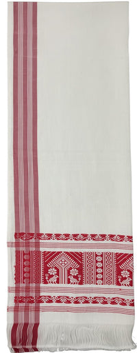 Pride of Assam white handloom gamusa with red stripes and floral motifs, made of Masries fabric.