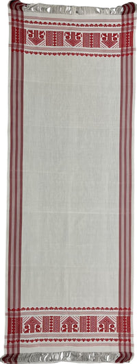 Pride of Assam white handloom gamusa with red stripes and floral motifs. Made of Masries fabric.