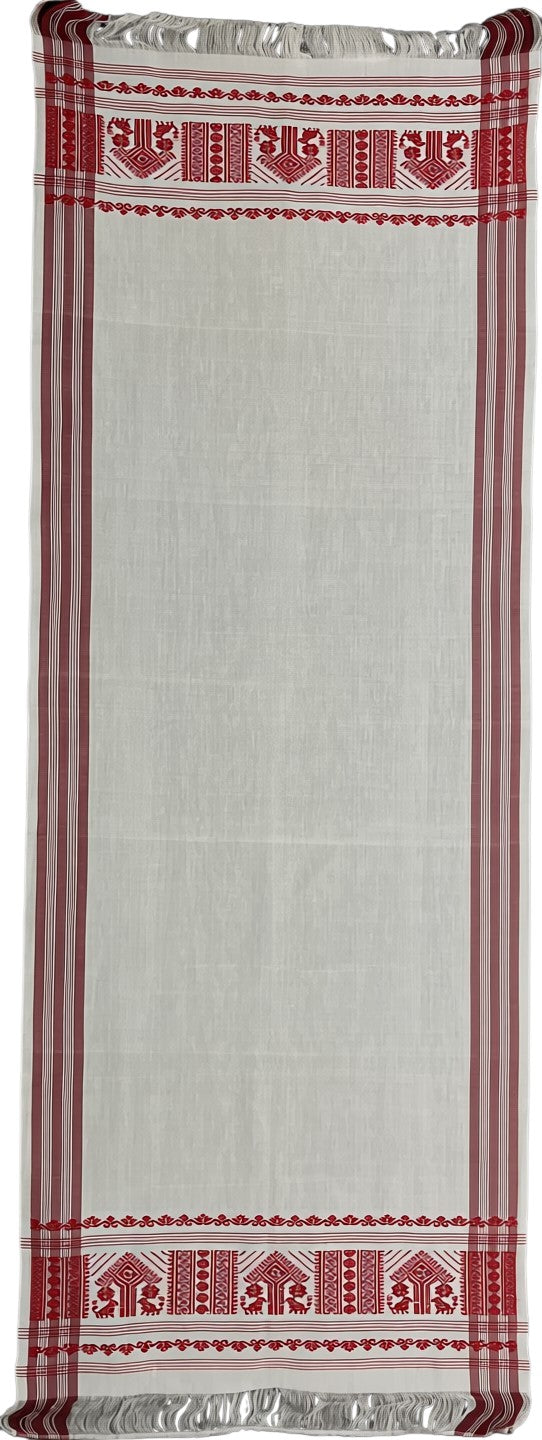 Pride of Assam white handloom gamusa with red stripes and floral motifs. Made of Masries fabric.