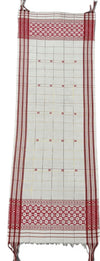 Pride of Assam traditional white handloom gamusa with red and gold woven borders and motifs. Ludiyan fabric.