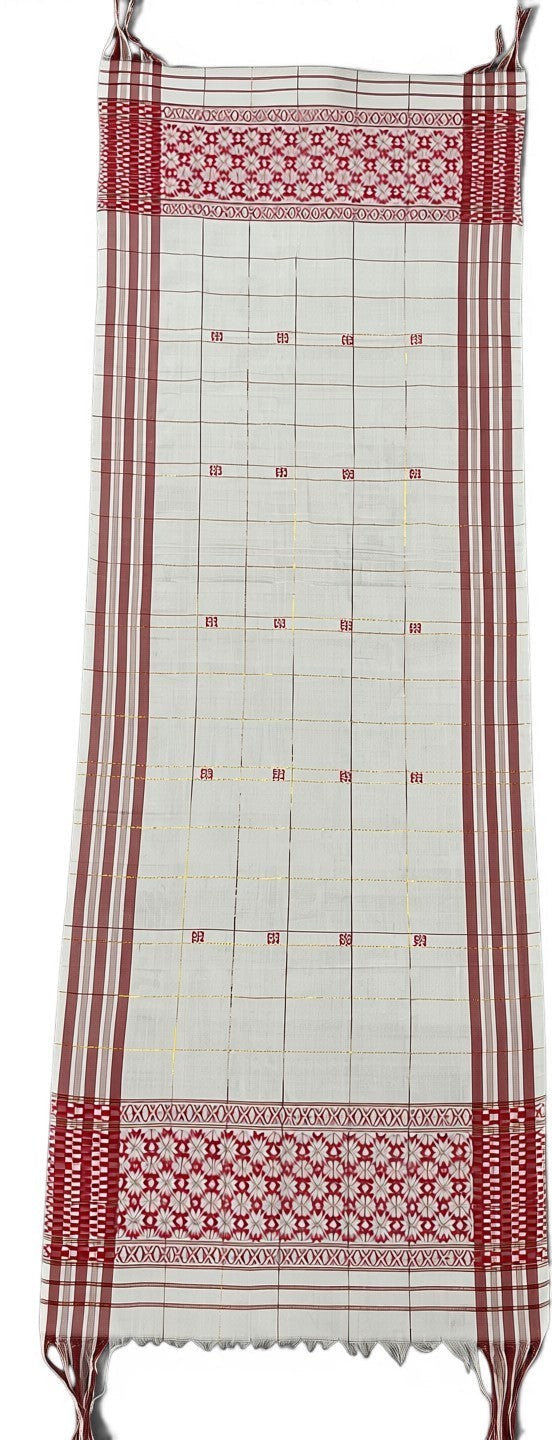 Pride of Assam traditional white handloom gamusa with red and gold woven borders and motifs. Ludiyan fabric.