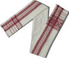 Pride of Assam white handloom gamusa with red stripes and floral motifs on one end, made of Pokua fabric.