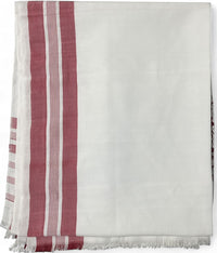 Pride of Assam white and red handloom gamusa made of pokua fabric with floral motif on one side and fringed edges.