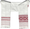 Pride of Assam white handloom gamusa made of Pokua fabric with red floral motifs and striped borders. Ideal for bath, face, hand, or welcoming guests.