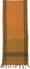 Pride of Assam yellow handloom cotton gamusa with floral motifs on the sides and fringed edges.