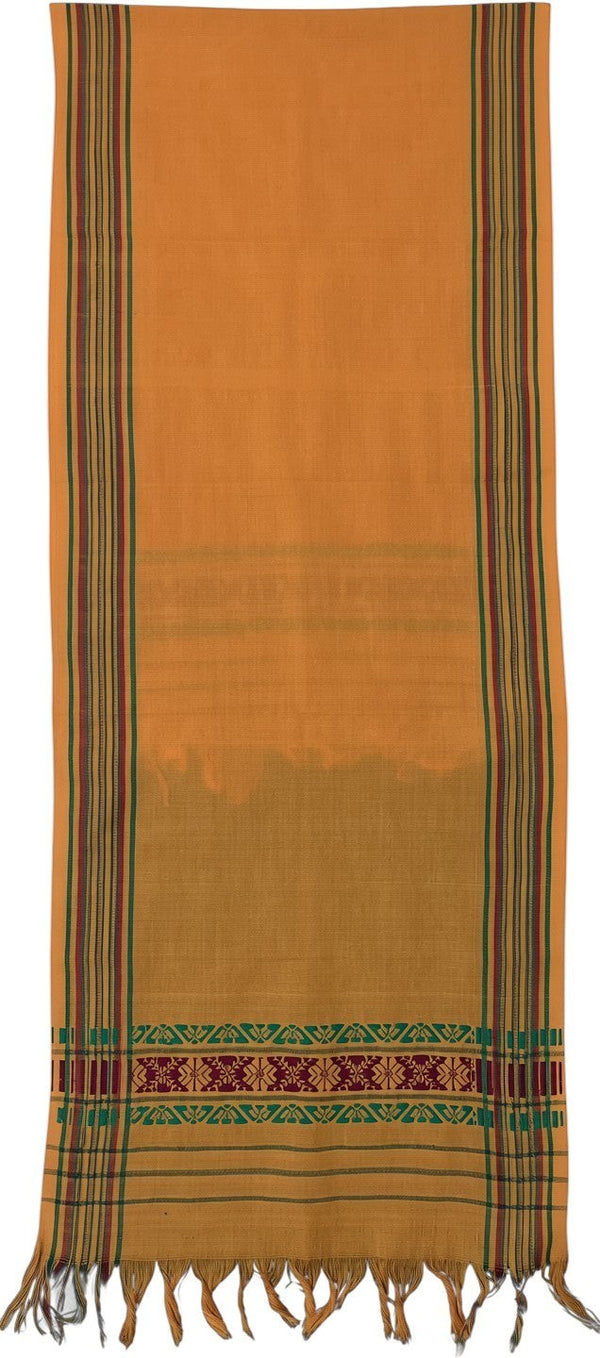 Pride of Assam yellow handloom cotton gamusa with floral motifs on the sides and fringed edges.