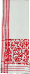 Pride of Assam.shop white 100% cotton handloom gamusa with red jaapi motif border and striped edges.